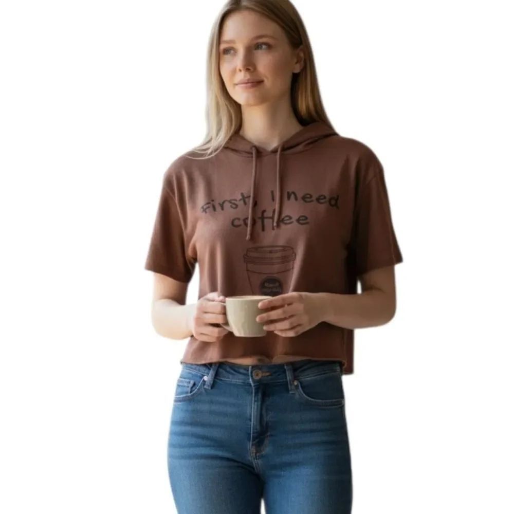 Q U.S.A BROWN HOODED CROP TOP SZ.S/M EUC.